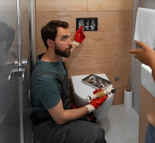 Instalator cu mănuși roșii lângă vasul WC, explicându-i proprietarei ce a găsit în instalație
