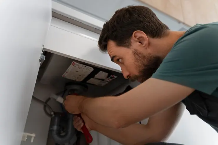 Instalator care desface sifonul de sub chiuveta din bucătărie
