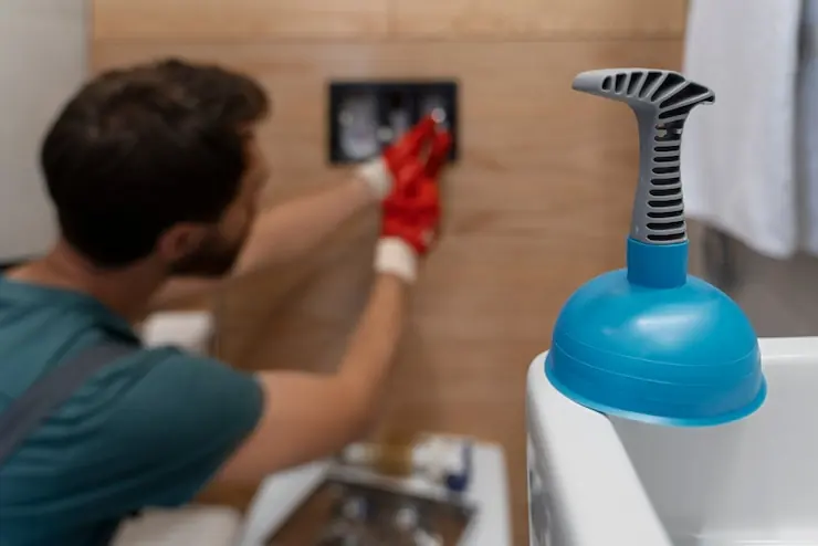 Pompă de desfundat pe marginea căzii, cu instalatorul lucrând la clapeta WC-ului în spate